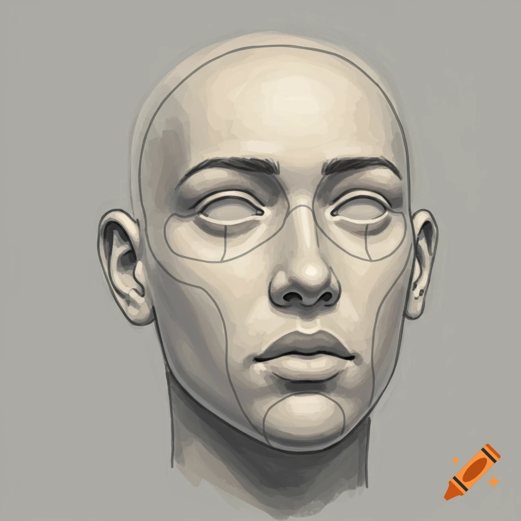 A head with lines drawn on the face, like an anatomy study.