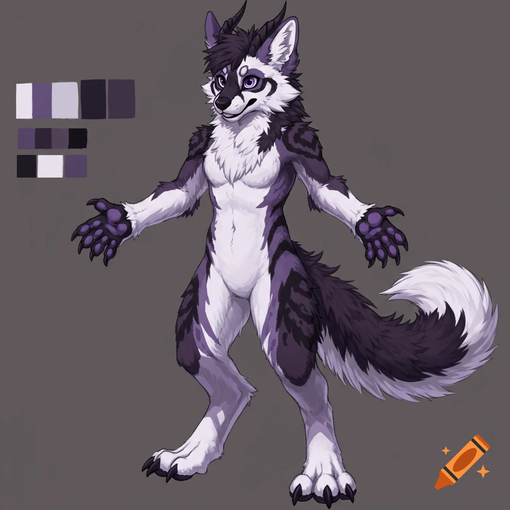 A character reference of a purple, white, and black wolf/fox/dragon furry with horns.