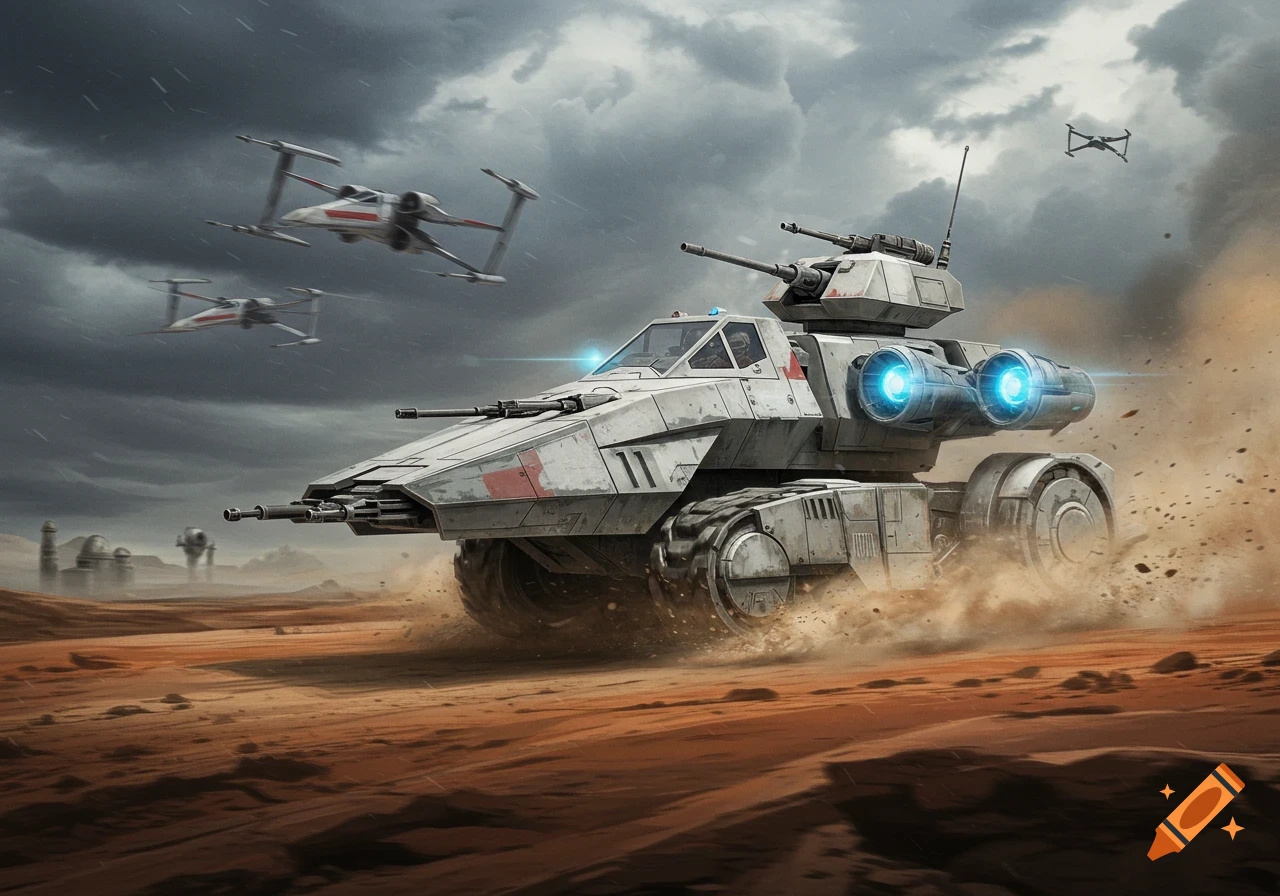 A Star Wars New Republic Defense Speeder Tank battles in a desert, with X-wing fighters overhead.