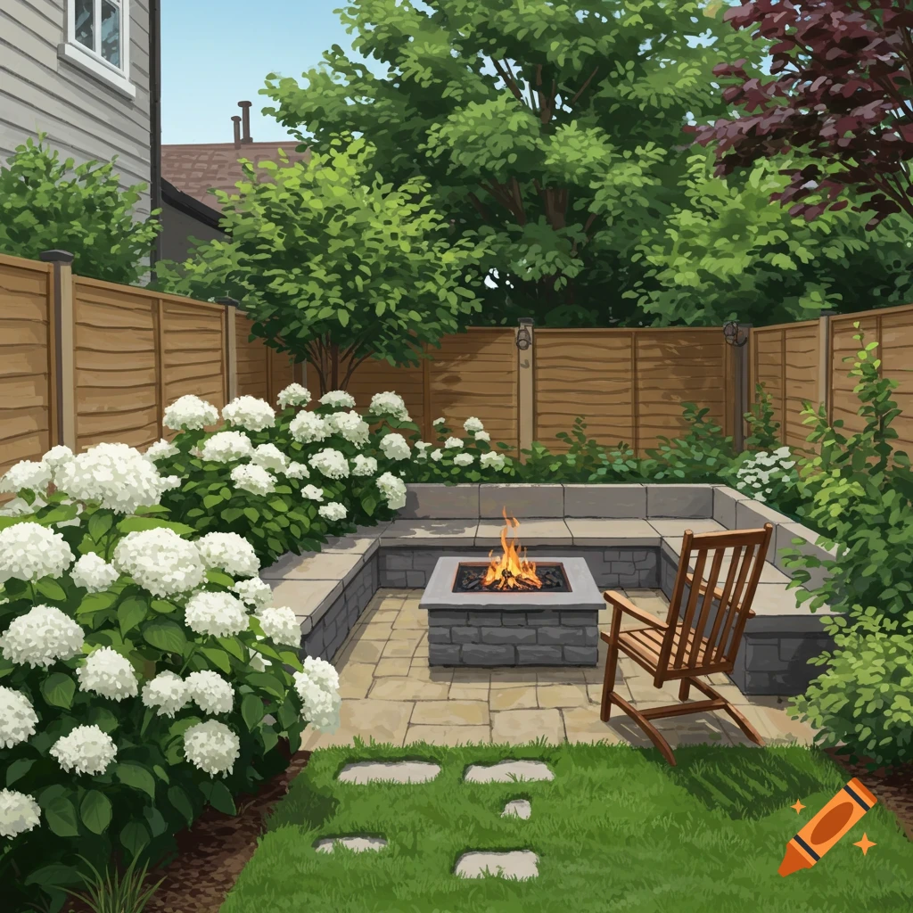 A garden with a square fire pit, stone seating area, white hydrangeas, and a wooden fence.