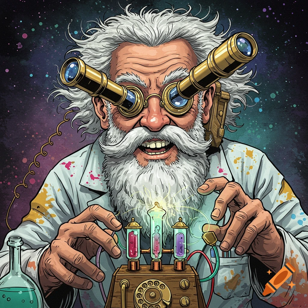 Cartoon mad scientist with telescope eyes and a telephone ear working with glowing tubes and equipment.