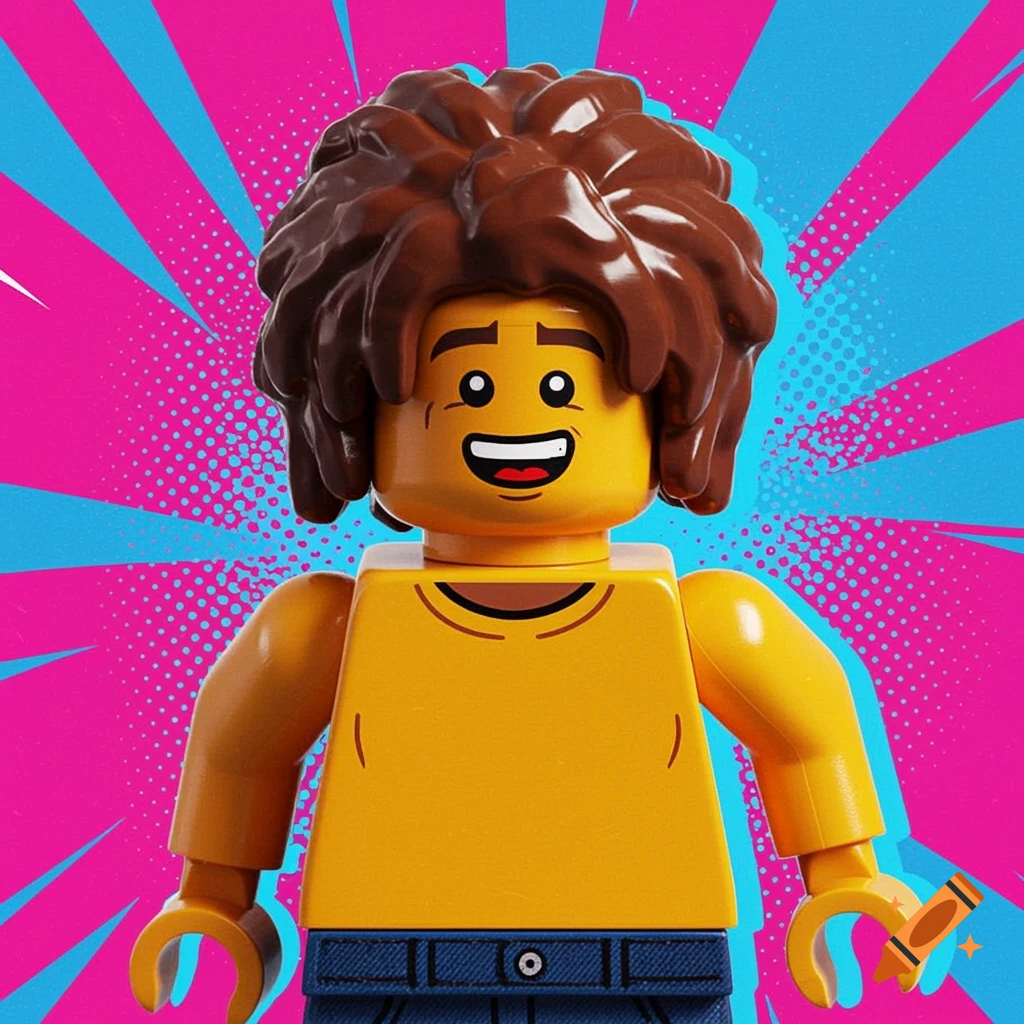 A Lego minifigure in a yellow shirt and blue pants against a vibrant pink and blue pop art background.