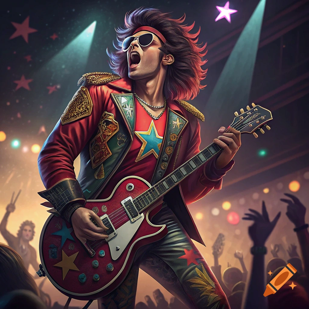 Illustrated rock star with sunglasses and red jacket playing a red guitar on stage.