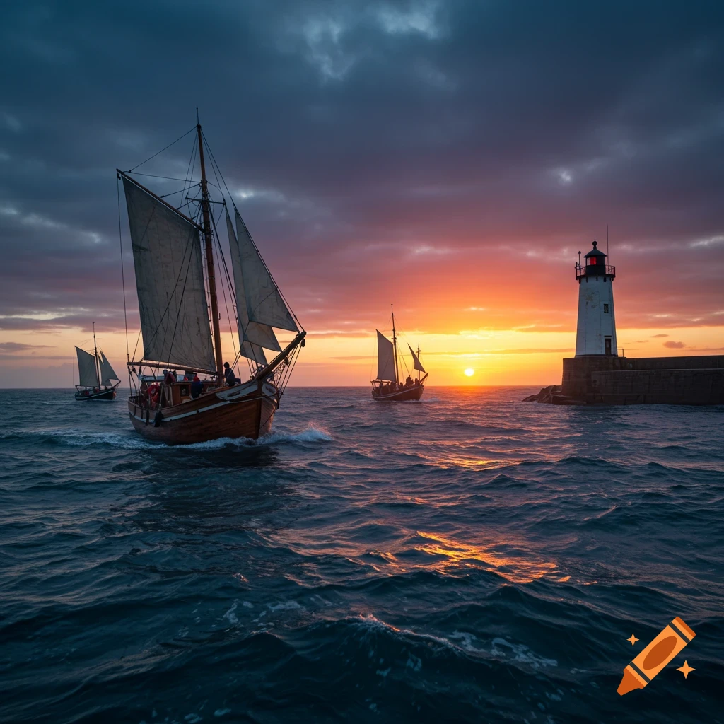 Old schooner boats sail past a lighthouse at sunrise, photorealistic style
