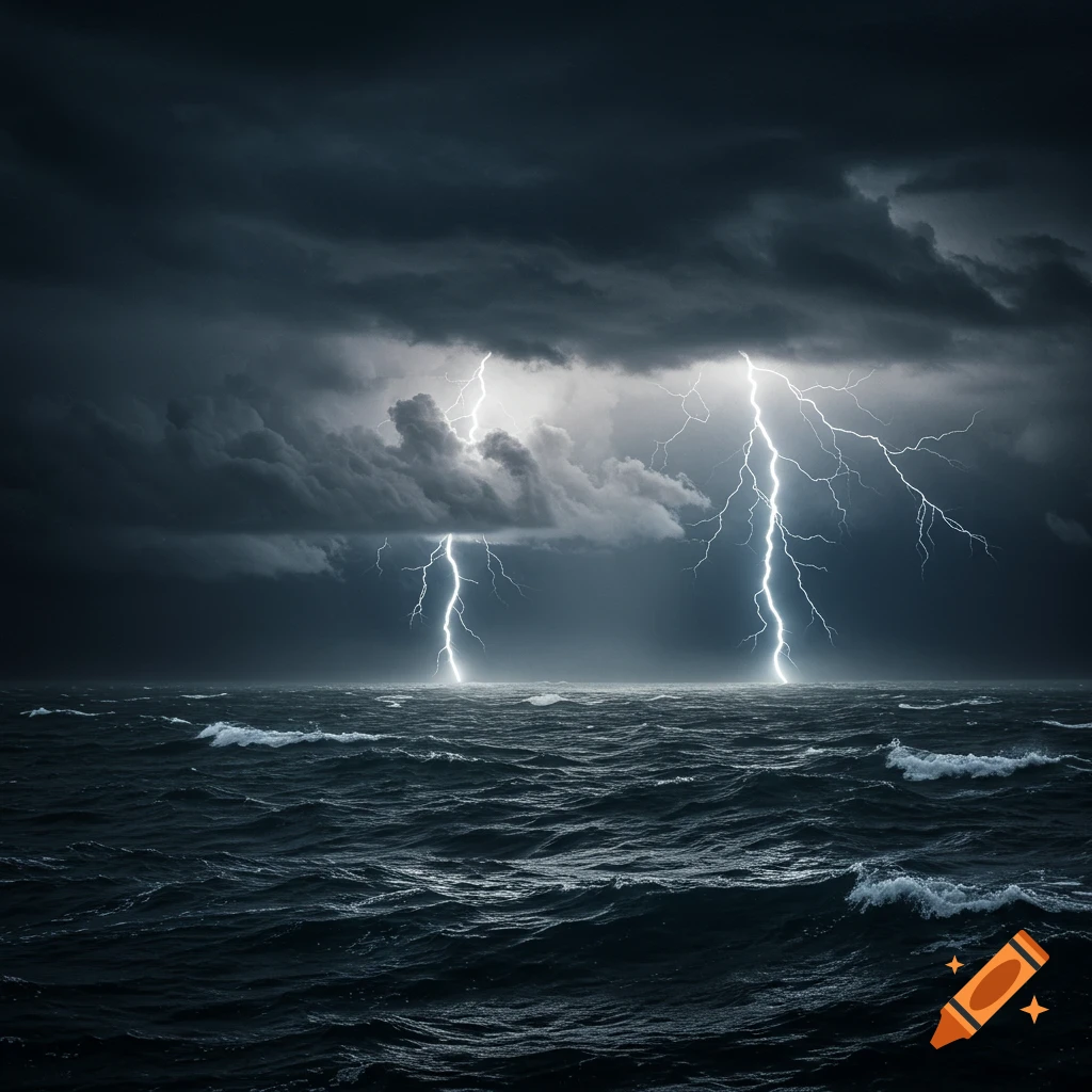 A scary thunderstorm over a dark ocean with large waves and lightning