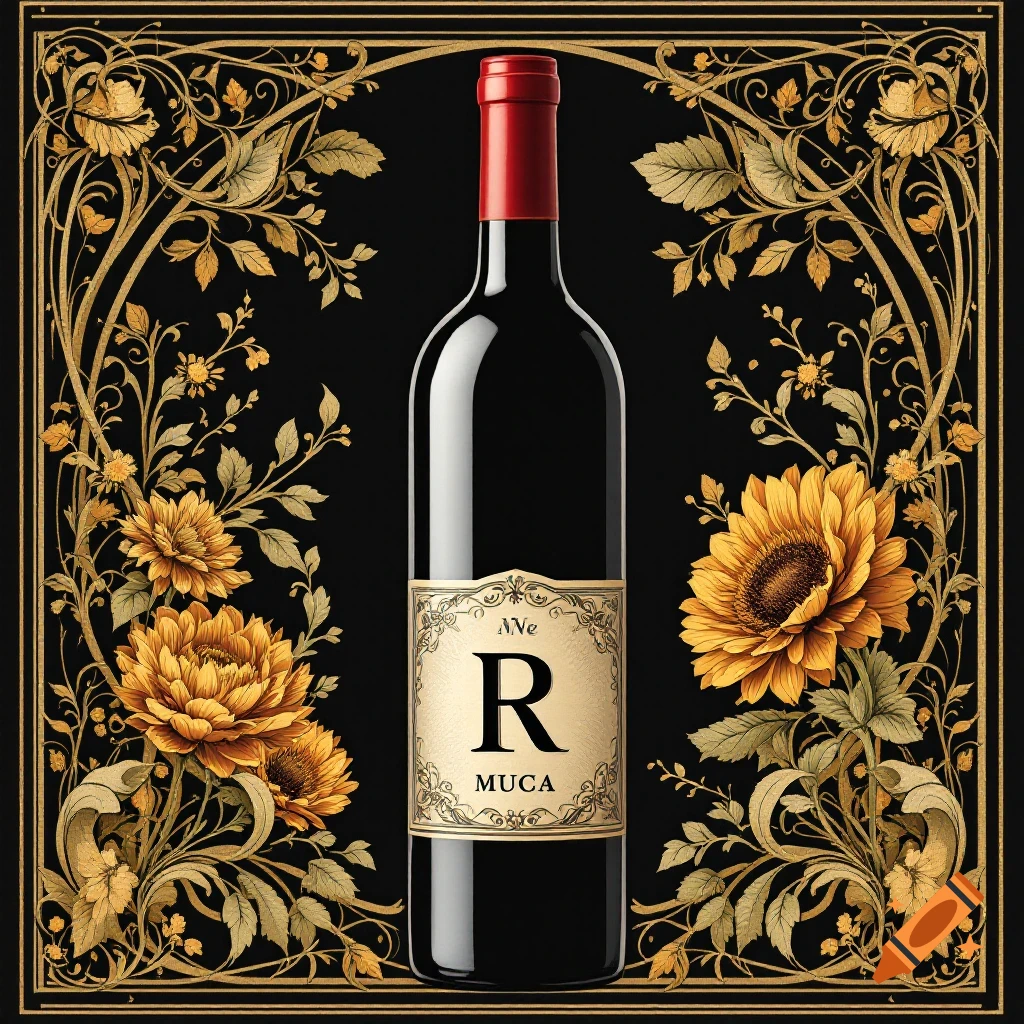 Wine bottle with a label featuring a large 'R', surrounded by gold Art Nouveau style floral decoration on a black background.