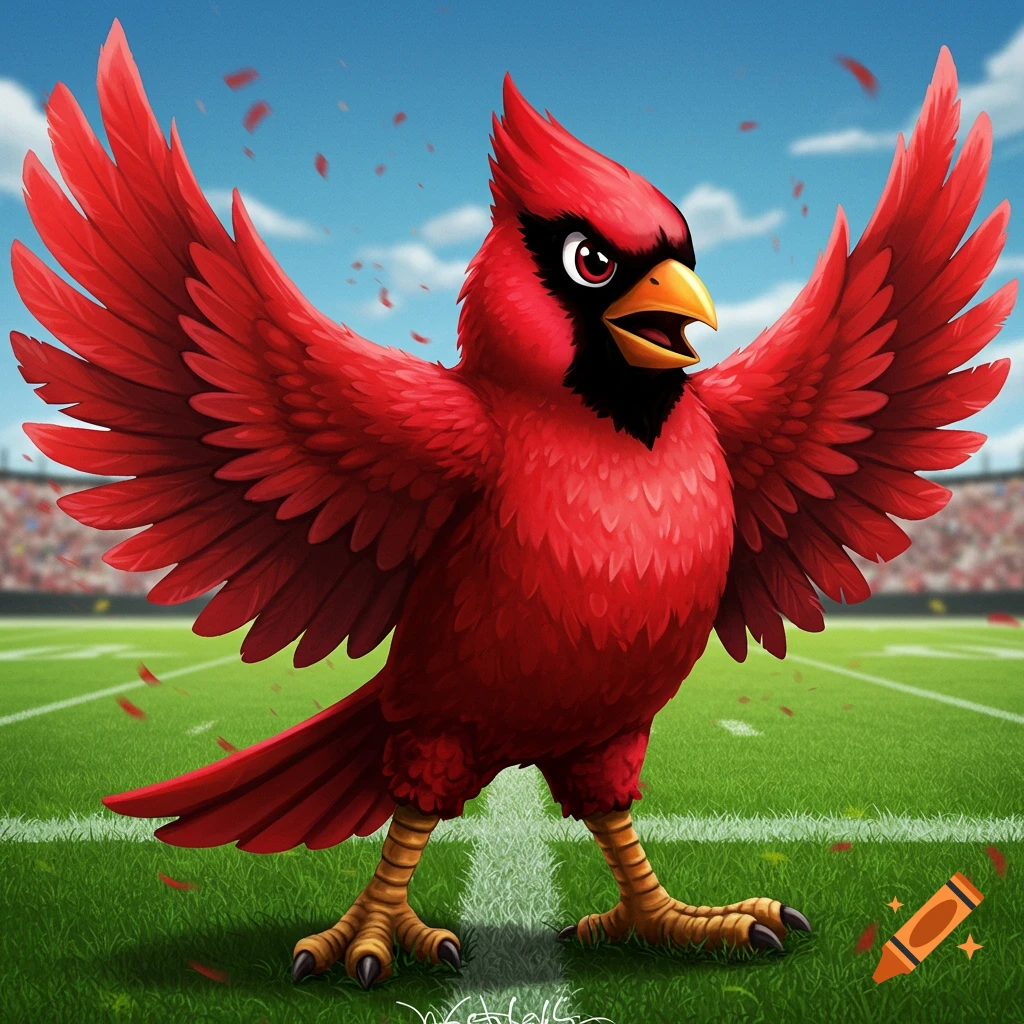 Cartoon chicken mascot in a red soccer jersey stands in a crowded ...