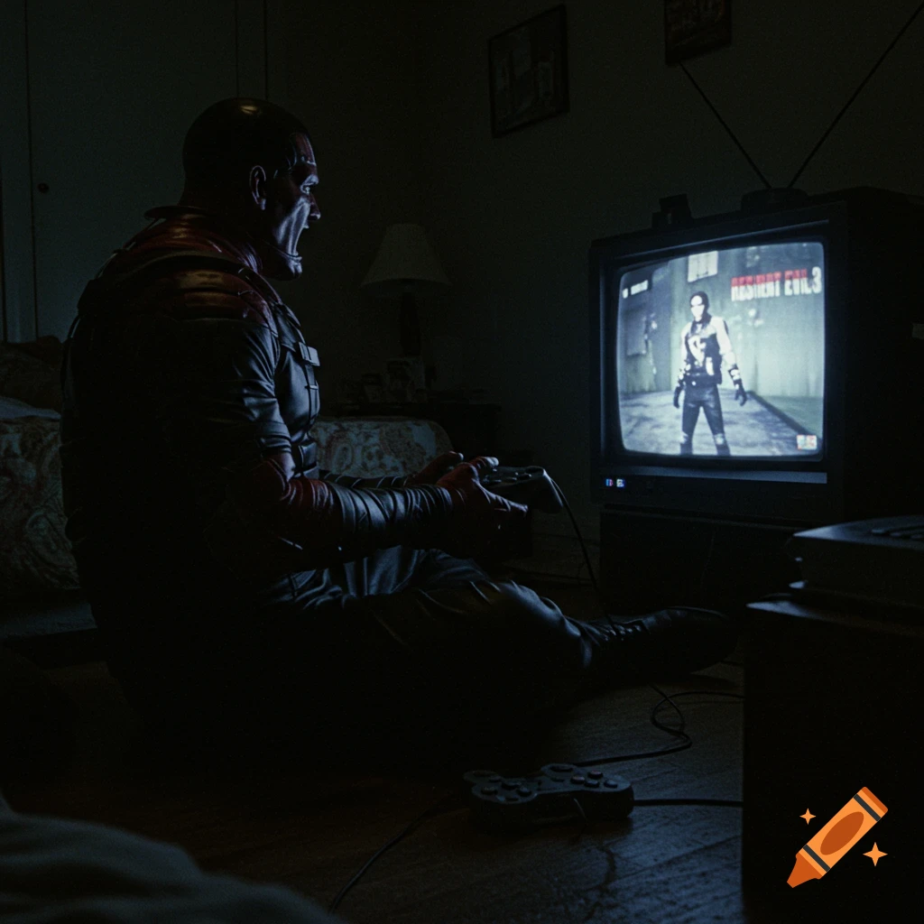 Nemesis from Resident Evil plays Resident Evil 3 on a retro CRT TV in a dark room, seen from the side holding a controller.