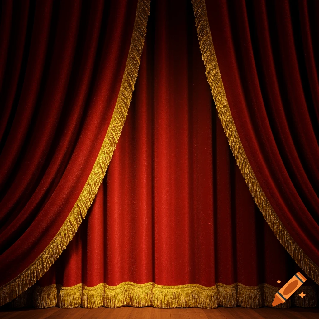 A velvety red theater curtain with gold fringe on a wooden stage floor.
