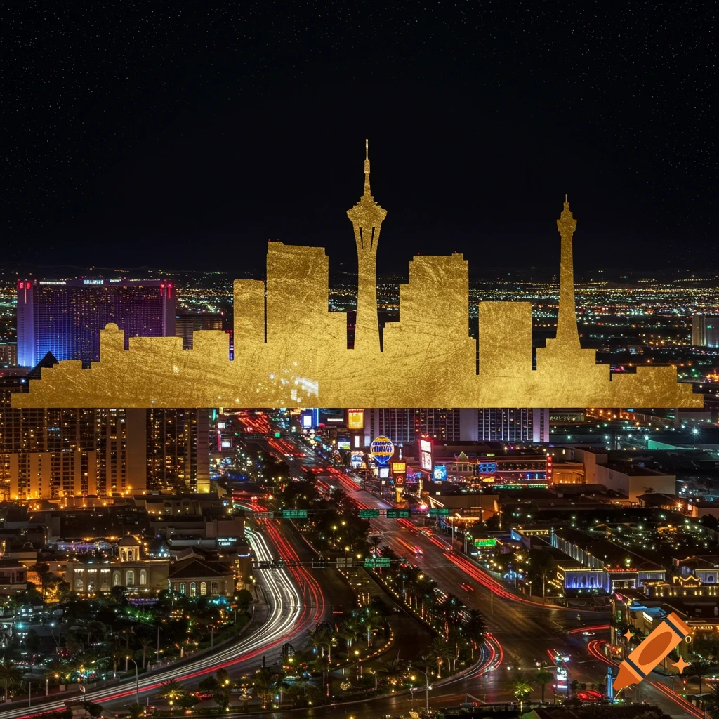 Golden silhouette of the Las Vegas skyline over a night view of the strip with traffic light trails.