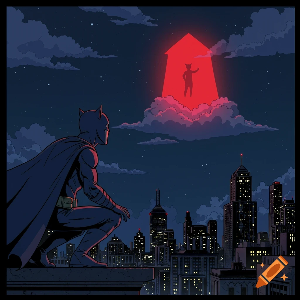 Batman crouches on a rooftop overlooking a city at night, looking at a Catman silhouette in a spotlight projected onto clouds, in a comic book style.