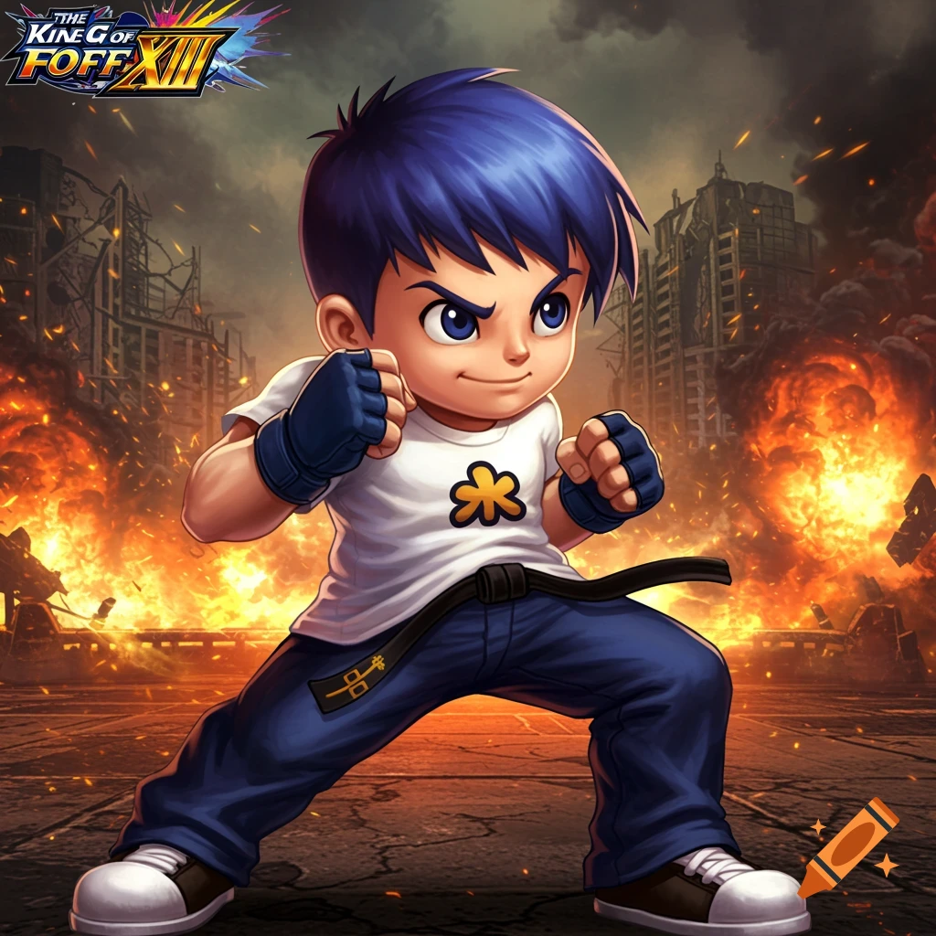 Cartoon boy in fighting stance against burning city backdrop, KOF style illustration