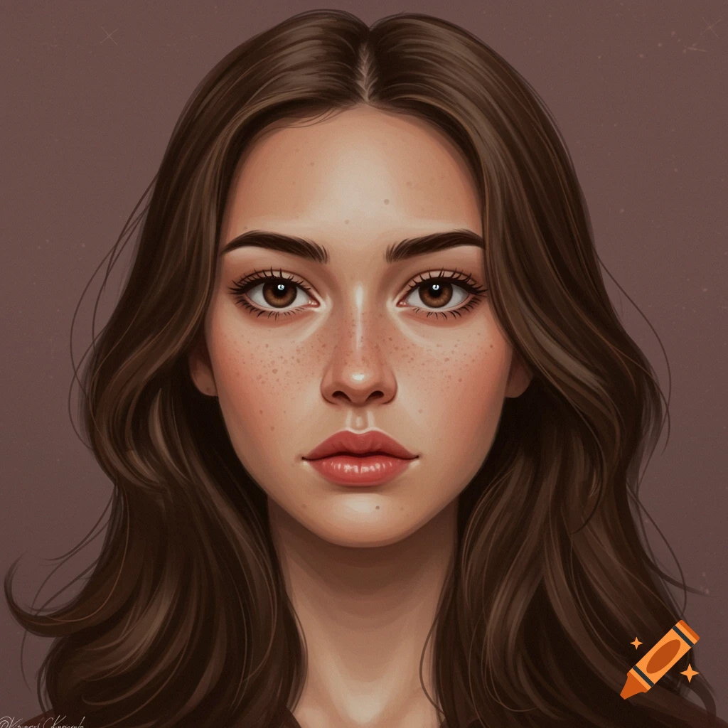 A portrait of a woman with brown hair and freckles.