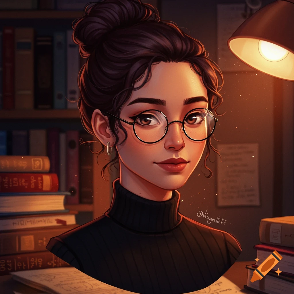 A woman with glasses and a bun studies with books and a lamp.
