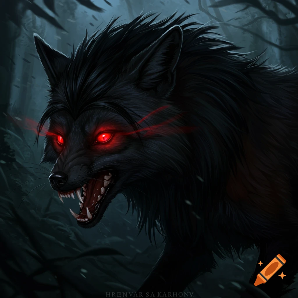 A black wolf with glowing red eyes growling in a dark forest.