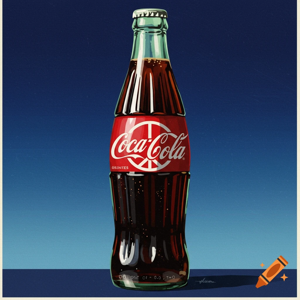 A full Coca-Cola bottle sits against a blue background.