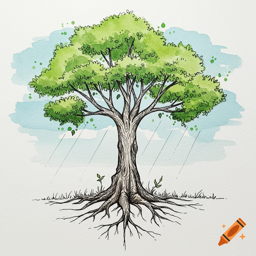 Watercolor and ink drawing of a tree with exposed roots and green leaves, with light rain falling.