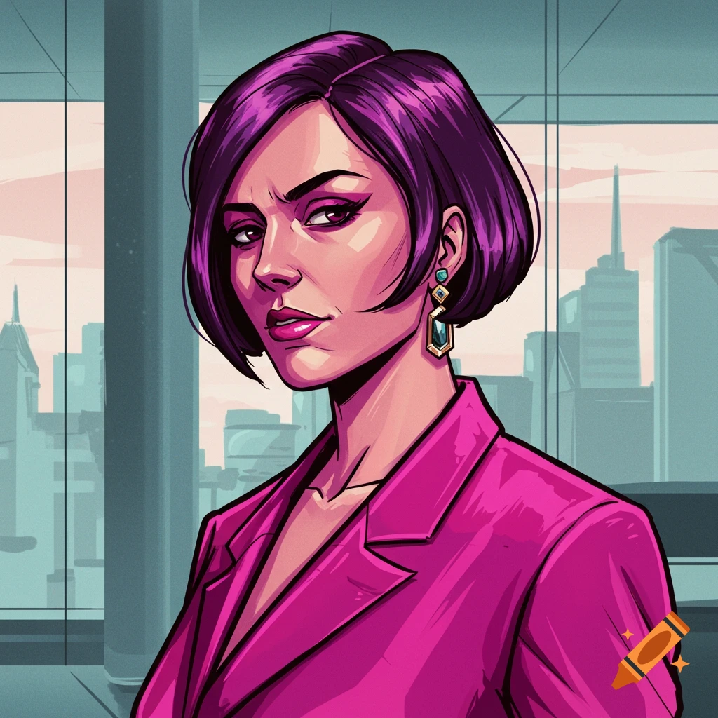 A woman with purple hair is wearing a pink blazer in an office.