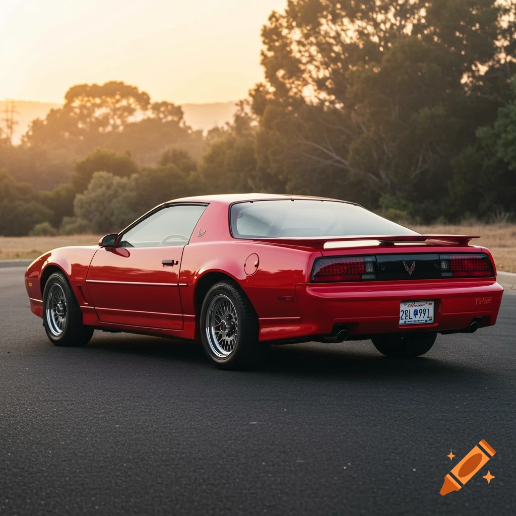 A red Pontiac Firebird parked on pavement with trees and sunset.