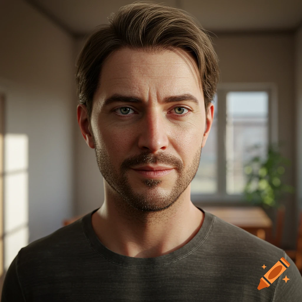 Photorealistic portrait of a man with brown hair and beard looking at the camera.