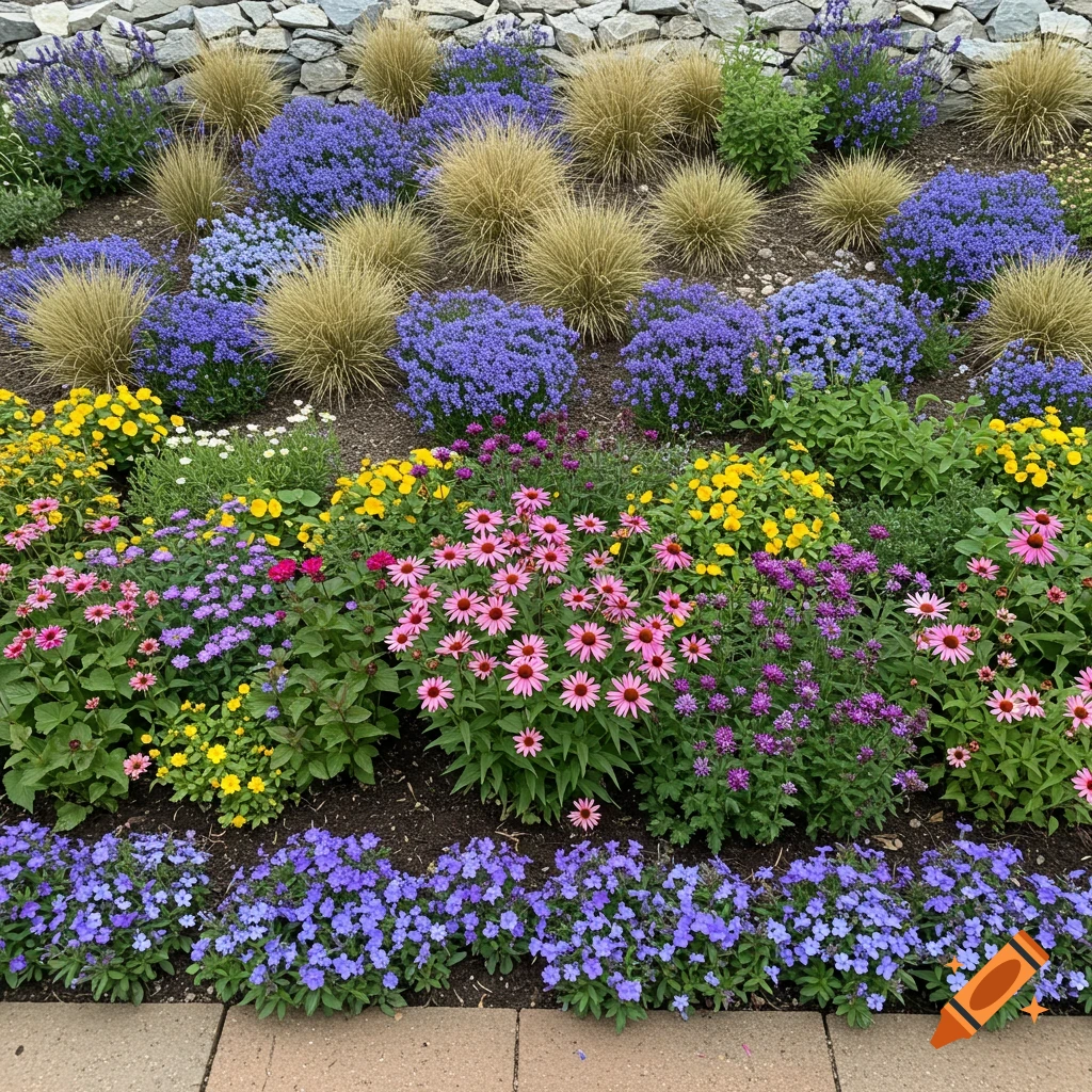 Colorful garden bed with various flowers and grasses.