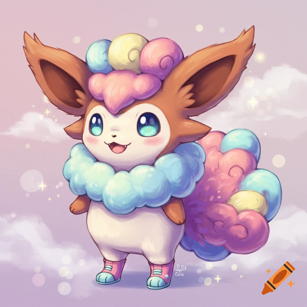 A cute, fluffy, colorful creature resembling an Eevee wearing sneakers in a pastel sky.