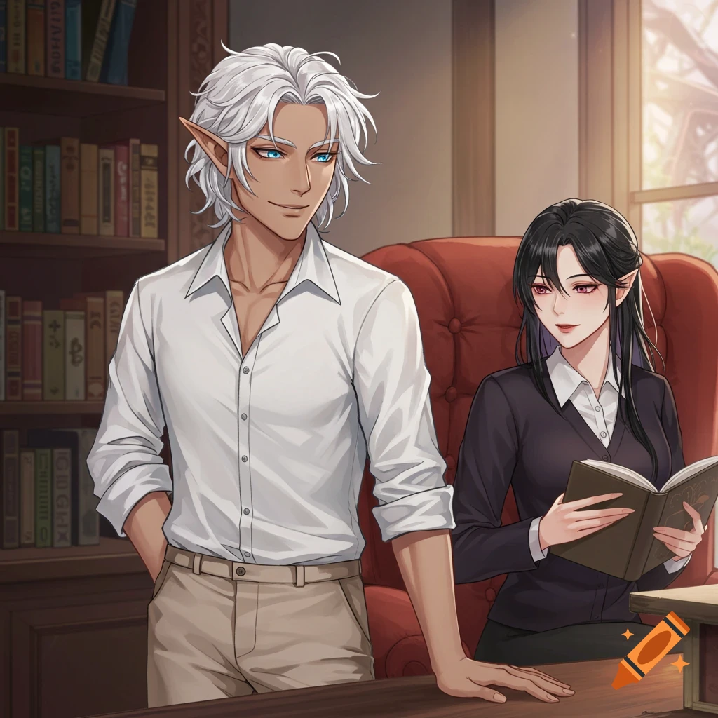 An illustration of an elf man and woman in a library. The man stands smiling while the woman reads a book.