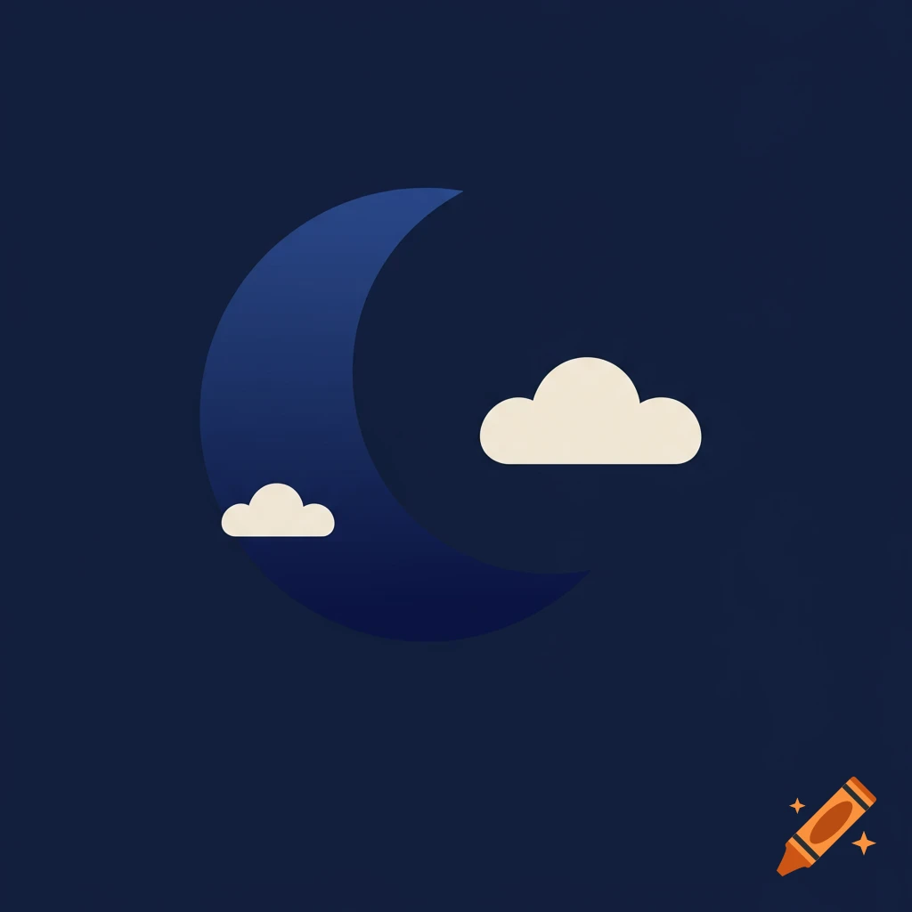 A dark blue crescent moon and two white clouds against a dark blue background in a minimalist vector style.
