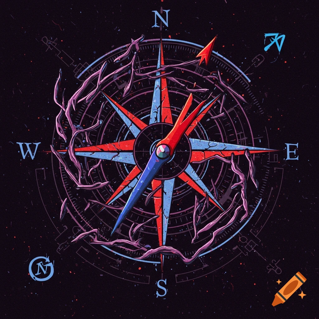 A stylized image of a compass with abstract swirling elements.