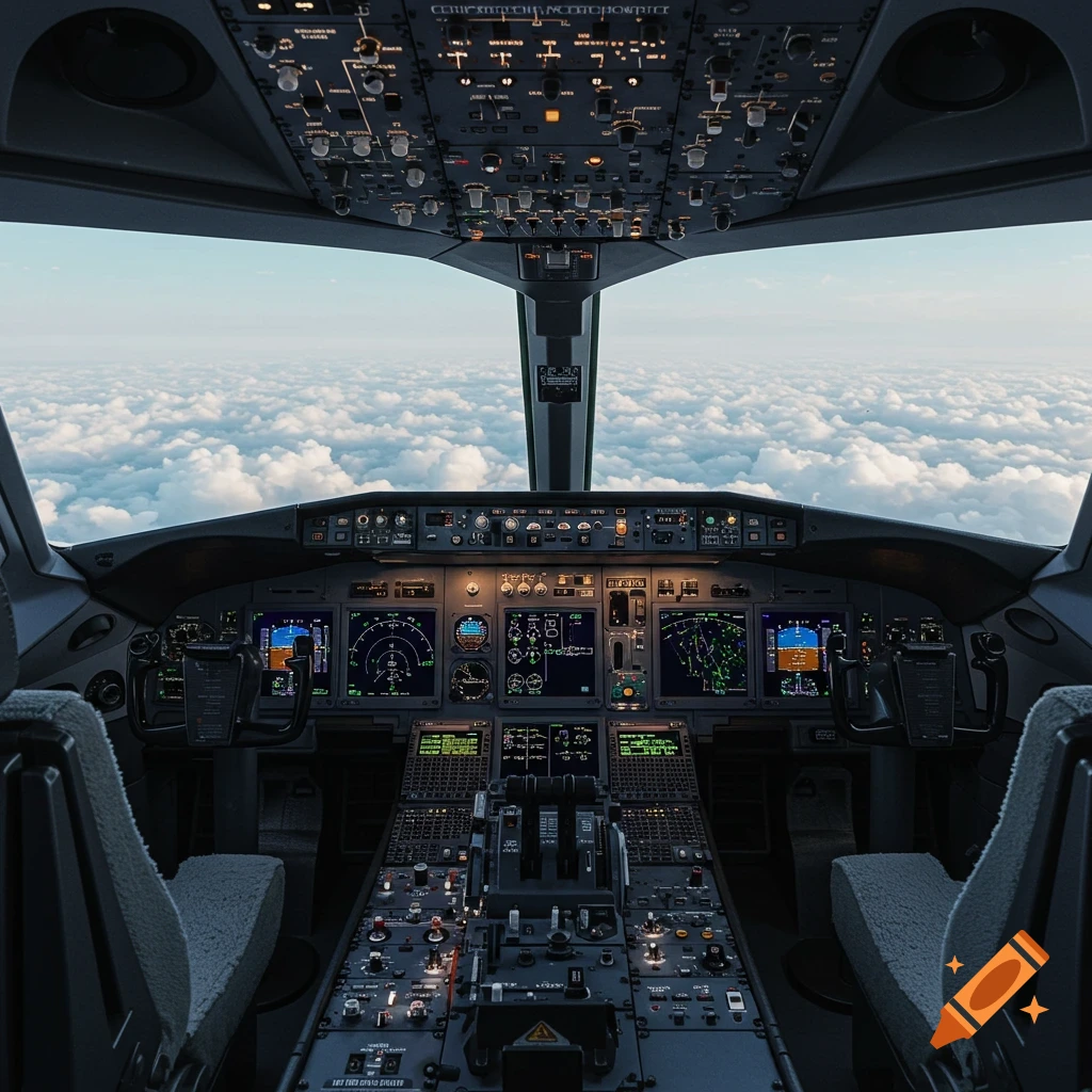 View from inside an airplane cockpit looking out over clouds, with detailed controls and screens visible.