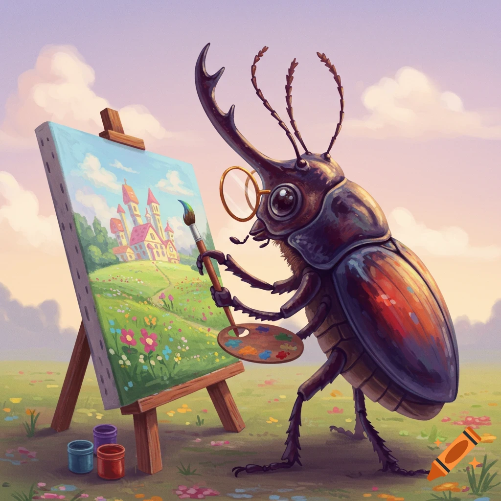 A beetle wearing glasses is painting a landscape on an easel in a field.