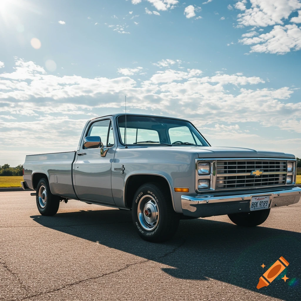 A grey vintage Chevrolet pickup truck parked on asphalt on a sunny day.