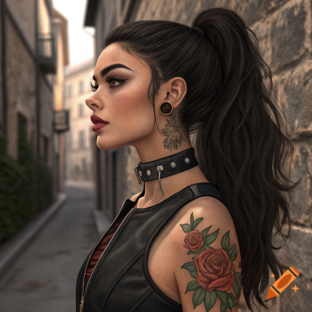 Profile view of a woman in black leather top and choker with tattoos, standing in an urban alley. Photorealistic digital art.