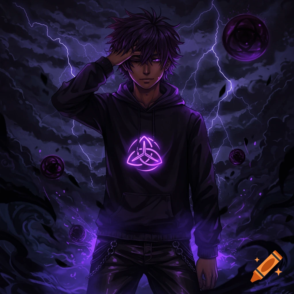 Anime illustration of a young man in a black hoodie with a glowing purple symbol standing in a stormy night with purple lightning.