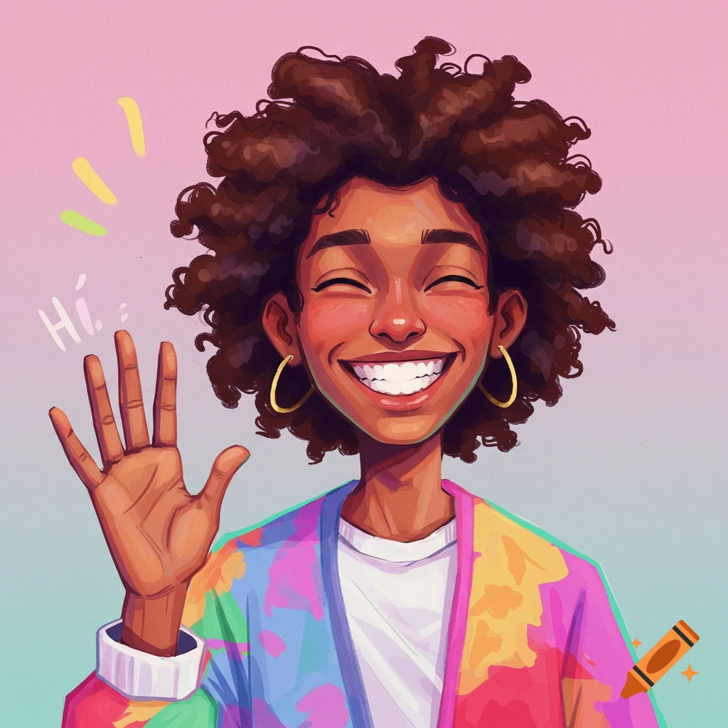 A smiling person waving, with 'H\u00ed.' next to the hand.