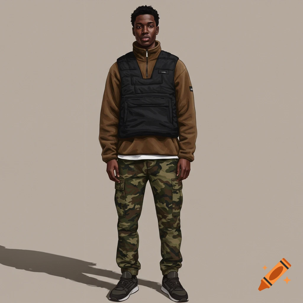 A black man wearing a brown quarter zip, black vest, camo cargo pants, and sneakers.