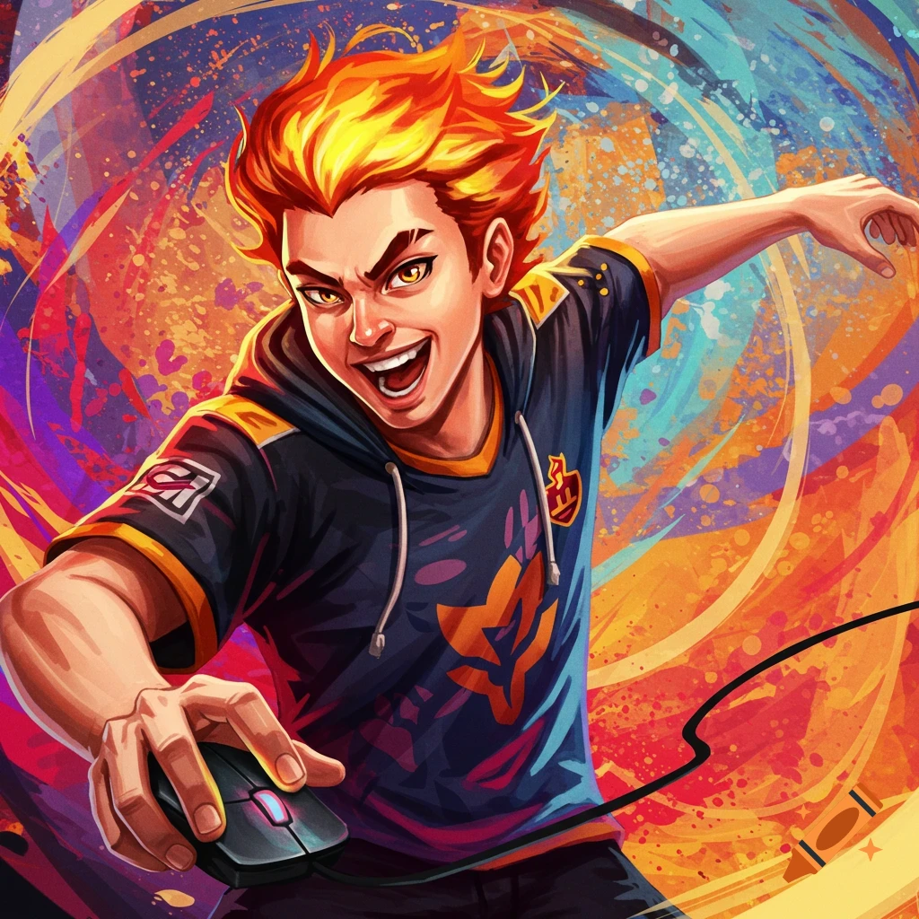 Stylized image of a fiery-haired young man with a gaming mouse against a vibrant background.