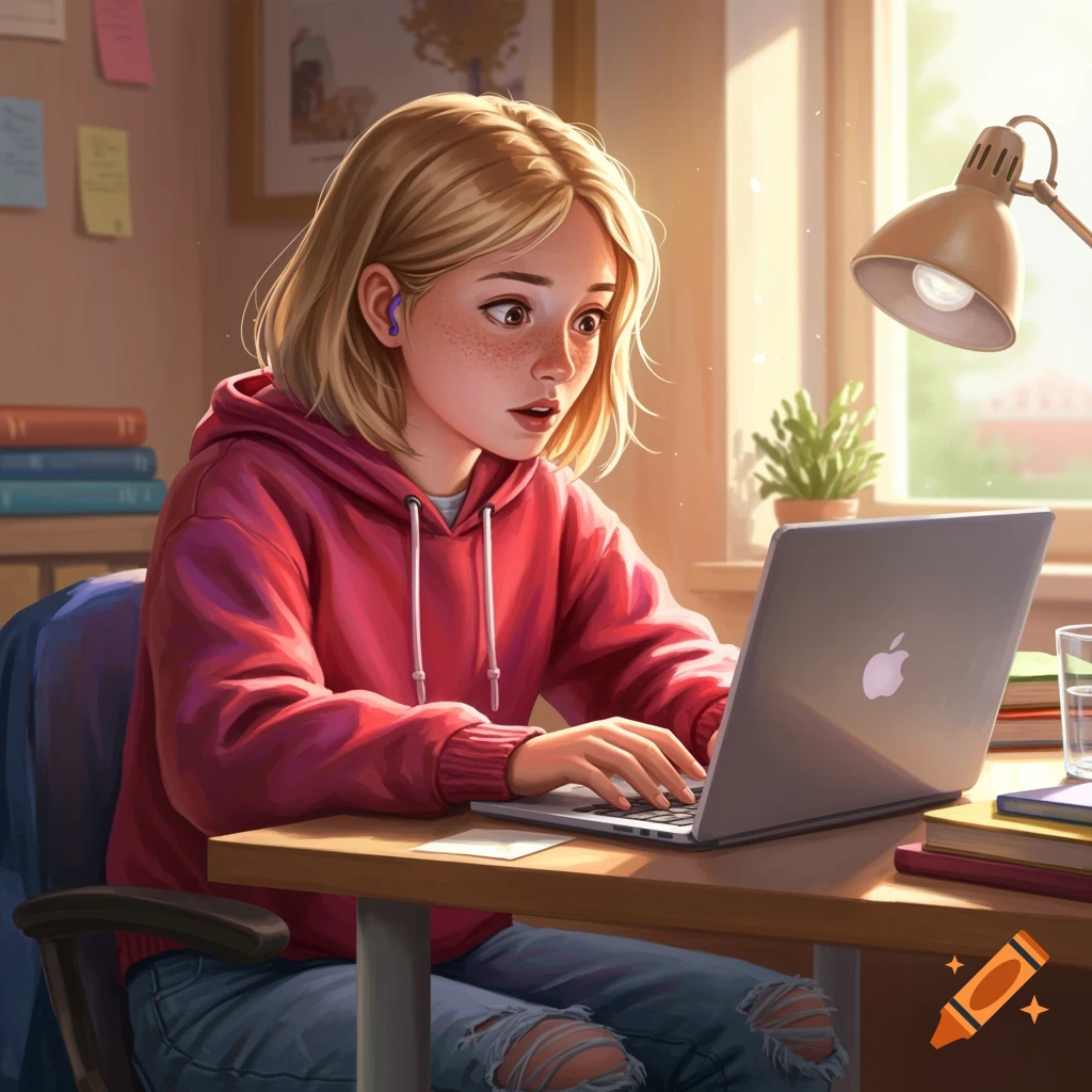 A teenage girl in a red hoodie is working on a laptop at a desk with books.