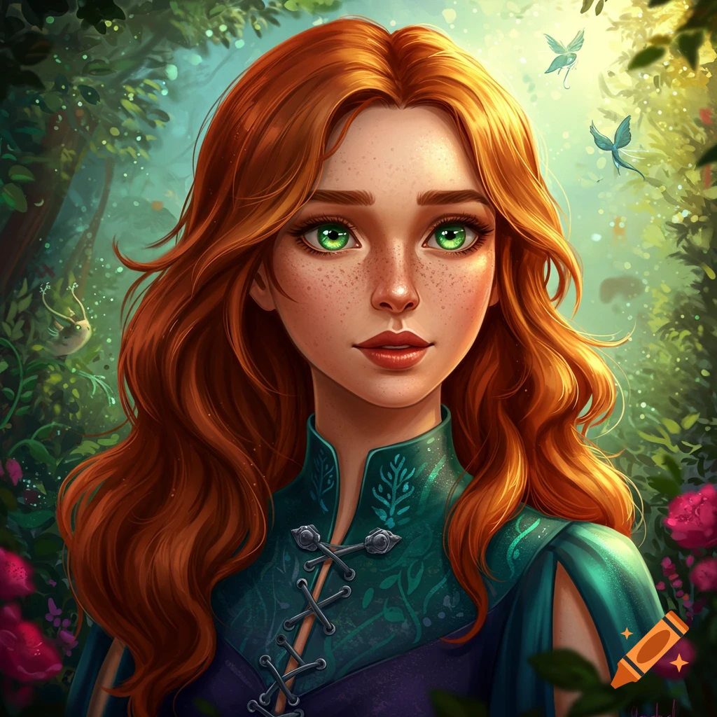 A young woman with red hair and green eyes is in a forest.
