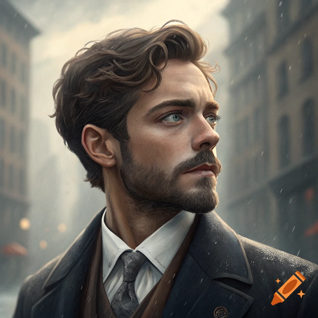 A close-up portrait of a man in a suit looking away, with snow falling.