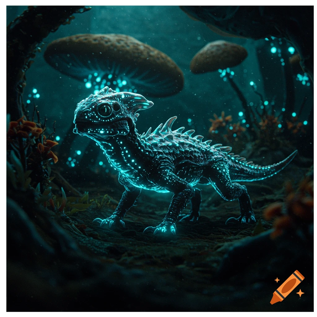 A glowing reptilian creature in a bioluminescent forest.