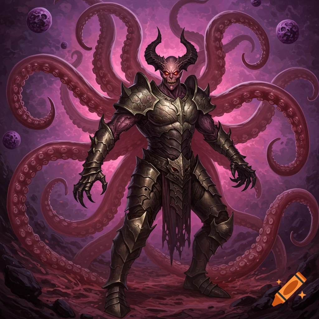 A demon-like creature in armor with red glowing eyes and large tentacles emerging from its back.