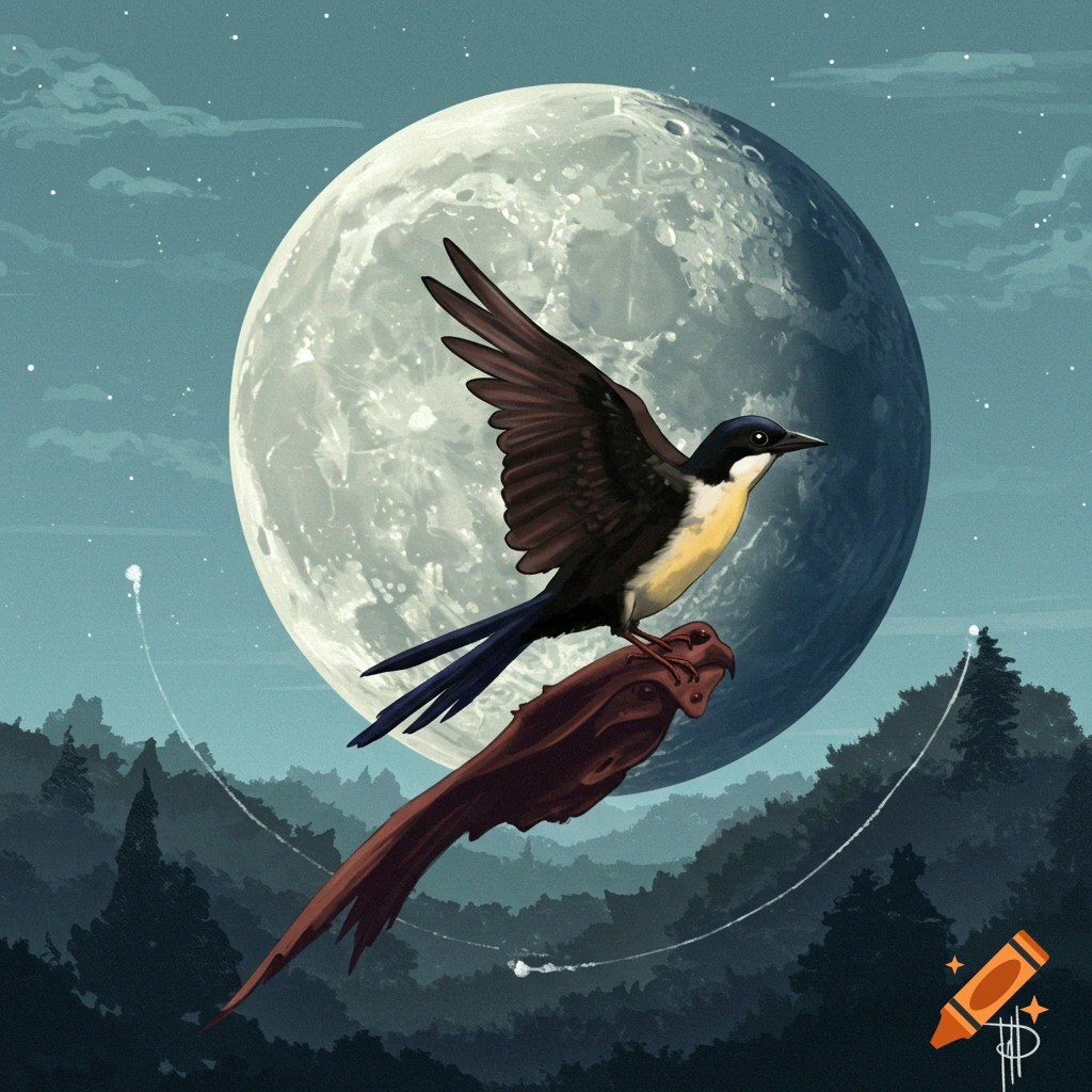 A bird perched on a branch before a large full moon at night.