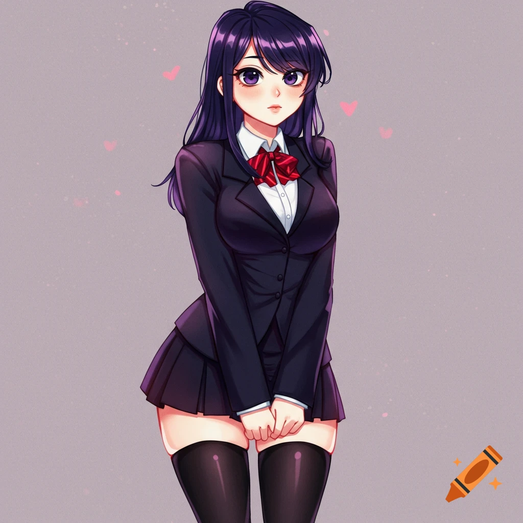Anime illustration of a girl with dark hair and purple eyes in a school uniform.
