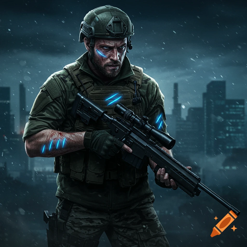 A soldier with glowing blue scars and a sniper rifle standing in a rainy city.