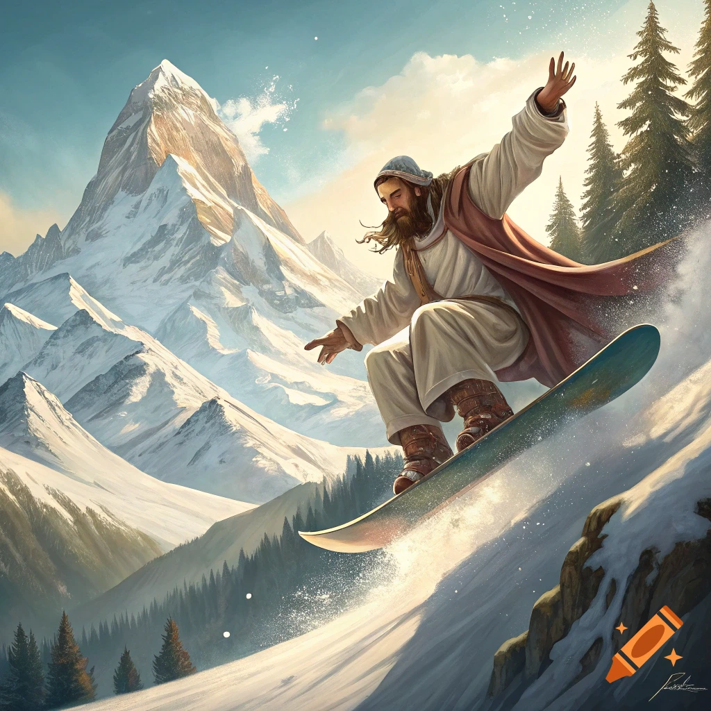Jesus snowboarding down a snowy mountain slope
