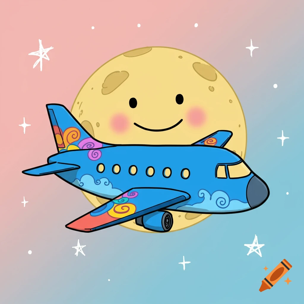 A cartoon airplane flies in front of a smiling moon in a pastel sky.