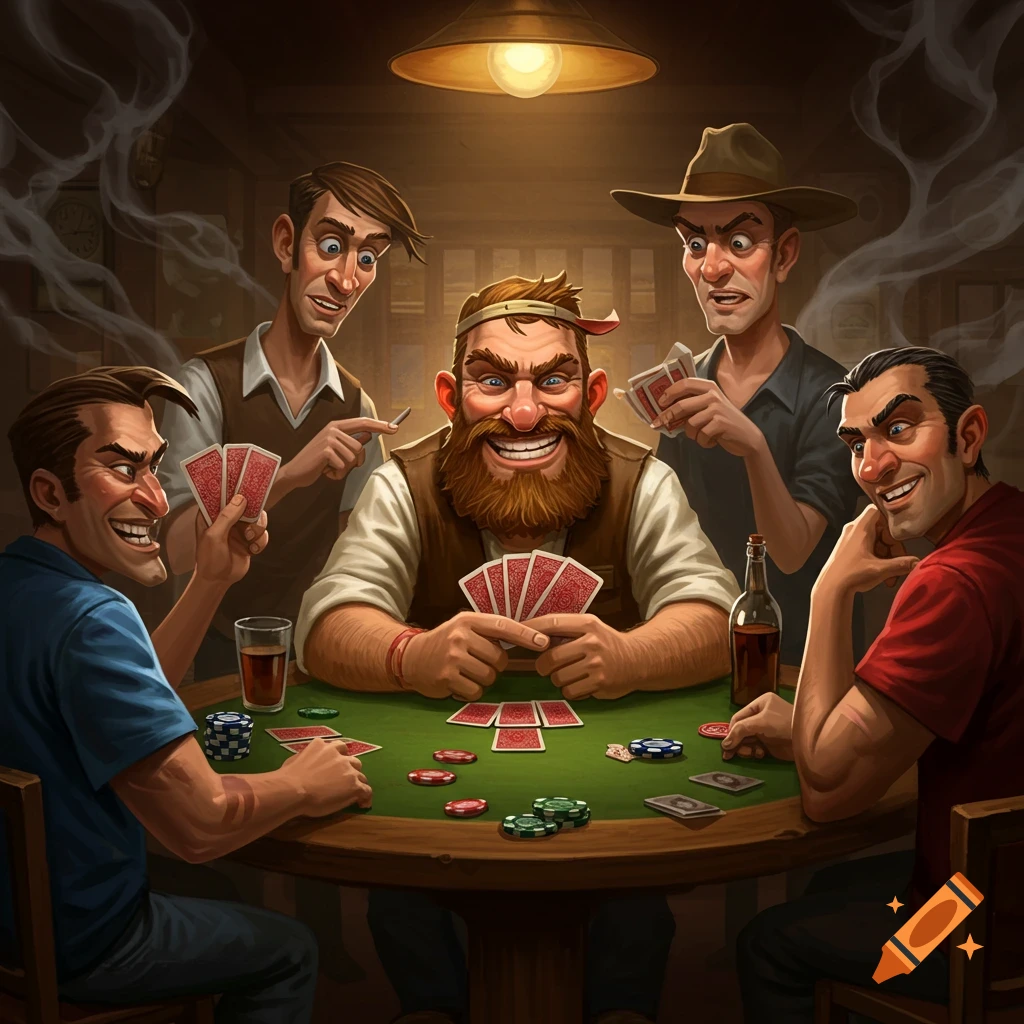 Men playing cards at a table in a dimly lit room.