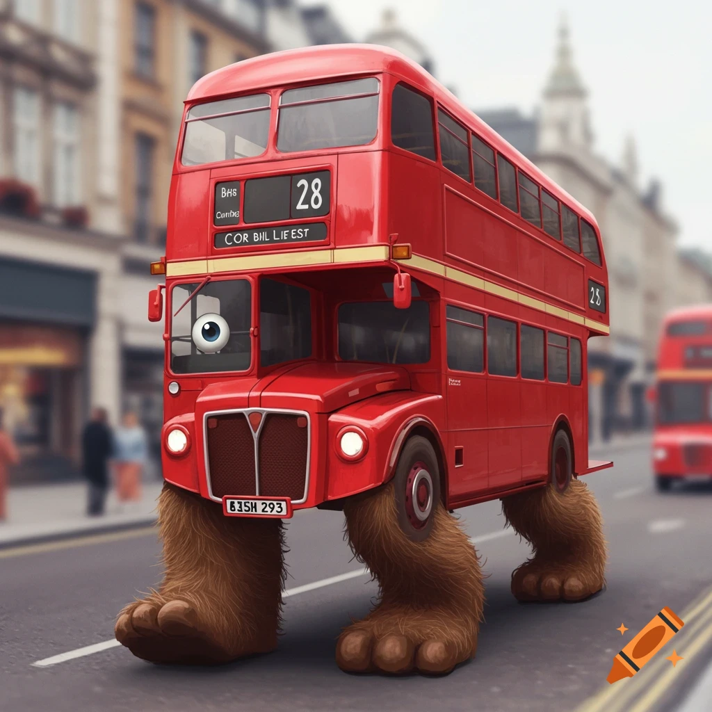 A red double-decker bus with furry legs, an eye, and a smile walks down a city street.