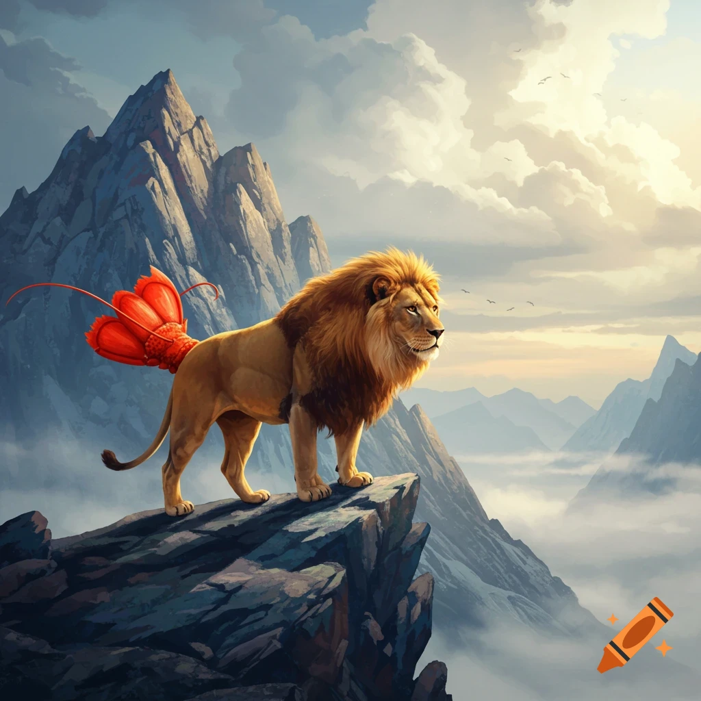 A lion with a lobster tail standing on a mountain peak.